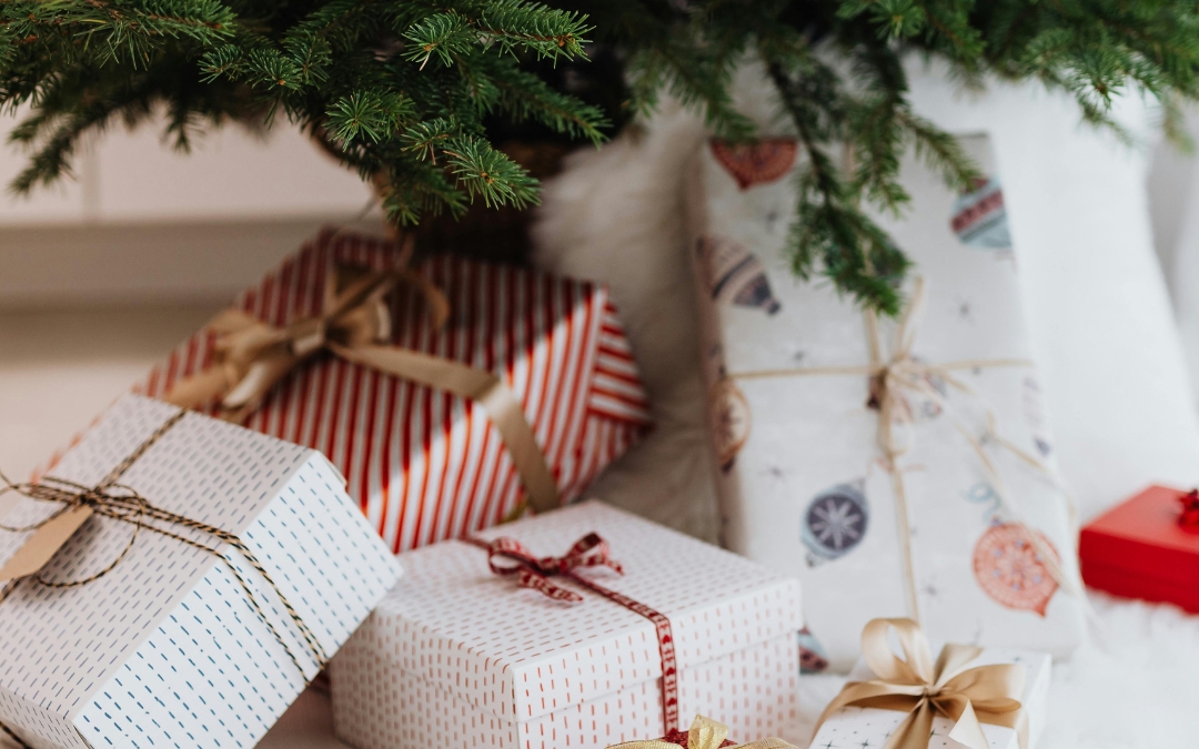 Packs de Navidad ISSÉIMI envueltos en papel de regalo bajo un árbol de Navidad.